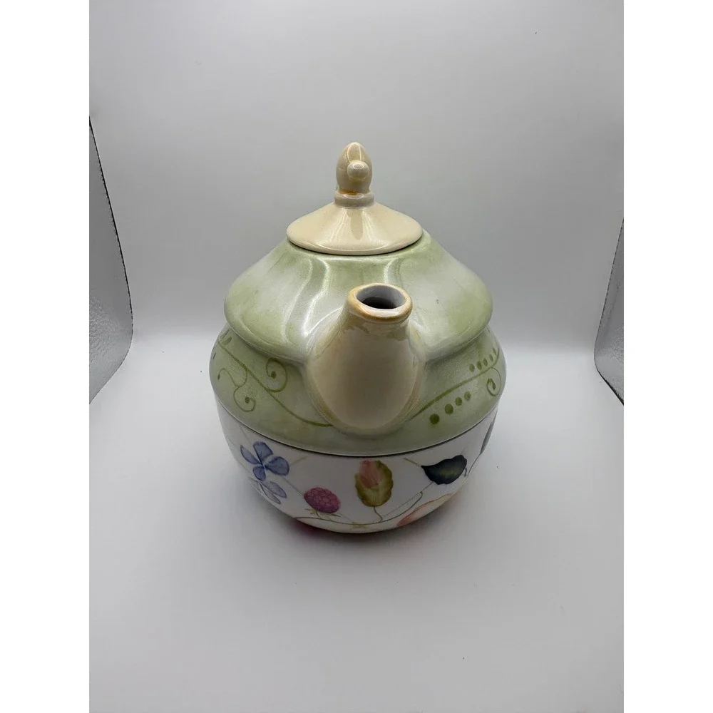Tracy‎ Porter Hand Painted Ceramic Tea For One Set Stacking Teapot and Cup Green